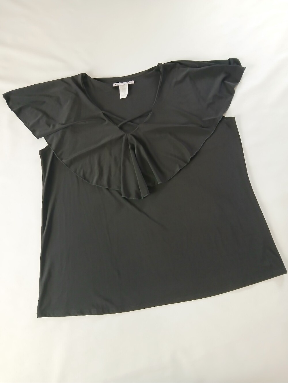 Carol Rose Black Ruffled V-Neck Short Sleeve Blouse